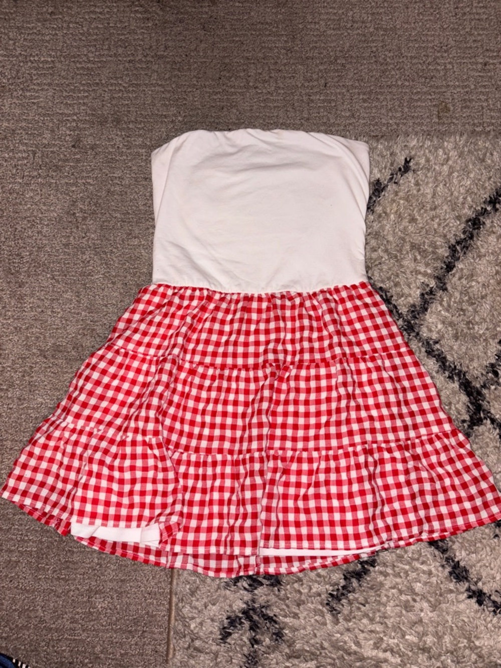 Strapless White Bodice Red Gingham Tiered Sundress